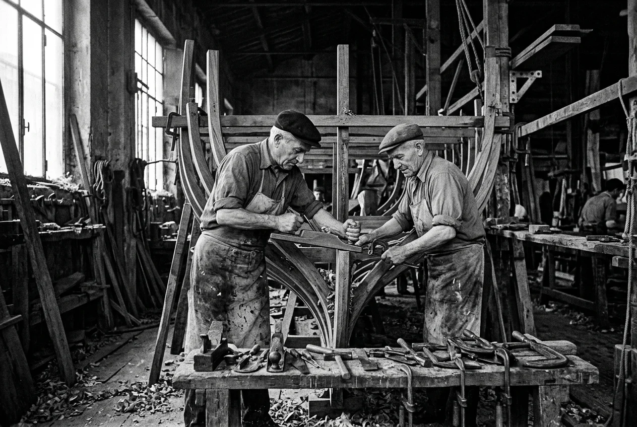 Tecnomarine craftsmen hand-fairing a hull frame, Navicelli yard